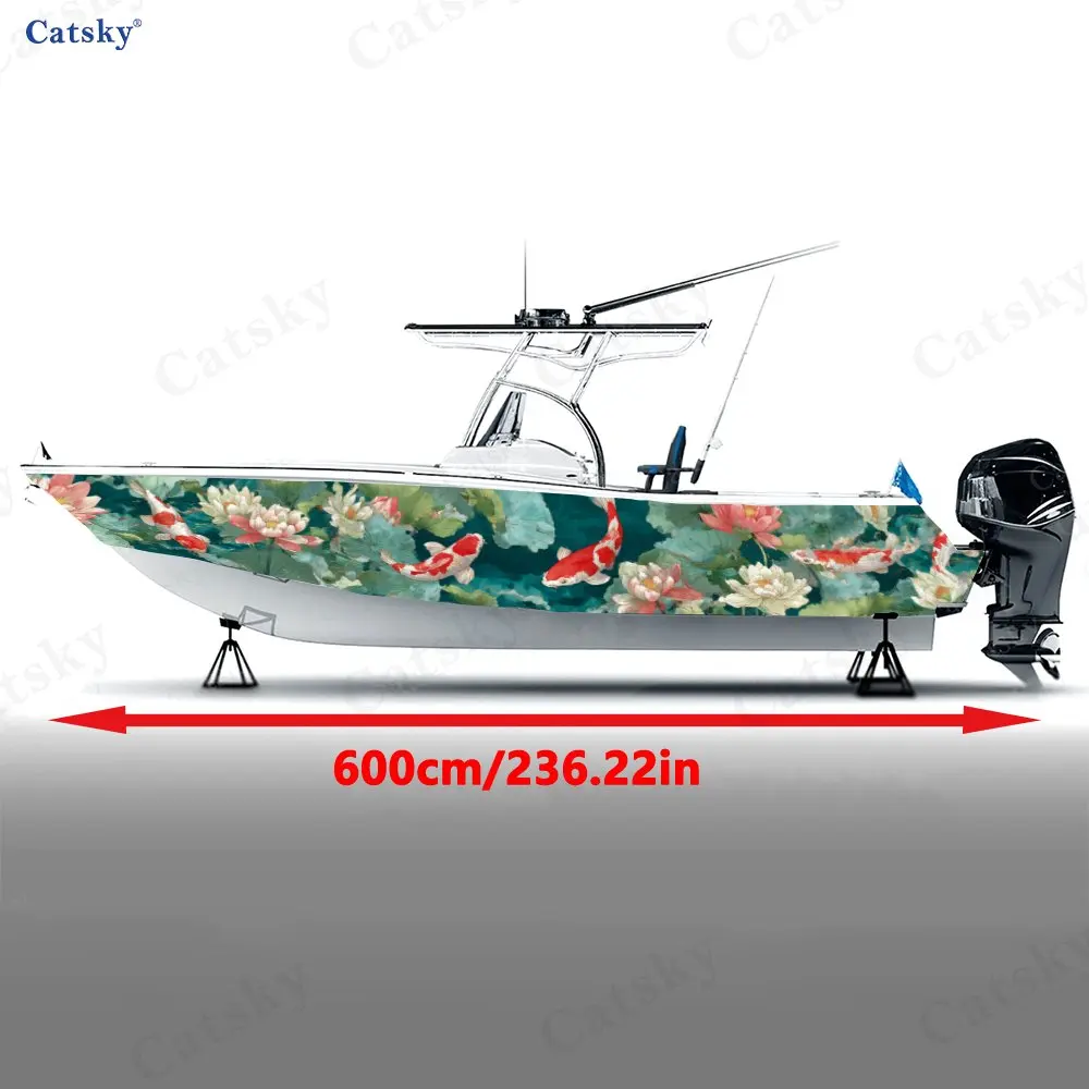 2pcs Koi Fish & Lotus Pattern Boat Stickers, PVC Waterproof Durable Vinyl Wrap Decals for Fishing Boats, Durable Design