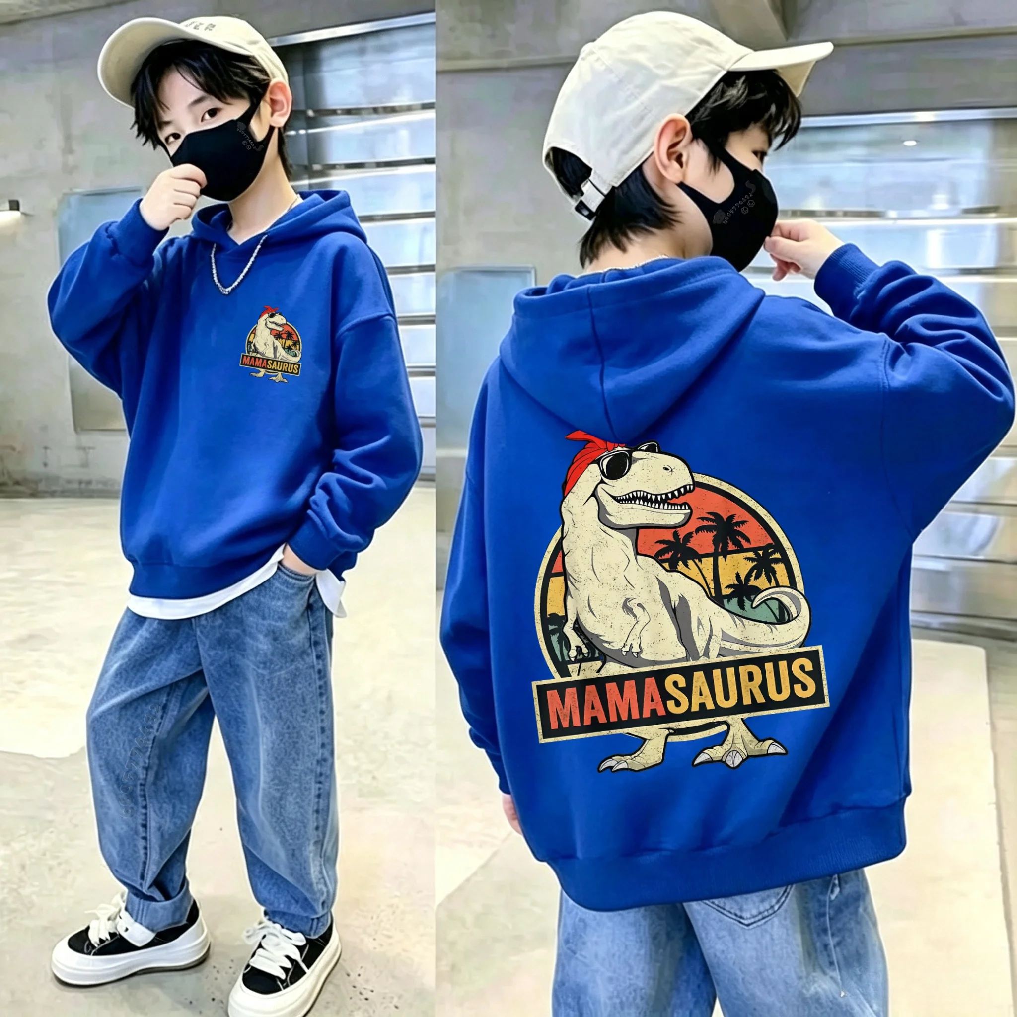 Vintage Cool T‑Rex Dinosaur Double Sided Graphic Hoodie Loose Casual Blue Sweatshirt Pullover For Kids Teenagers