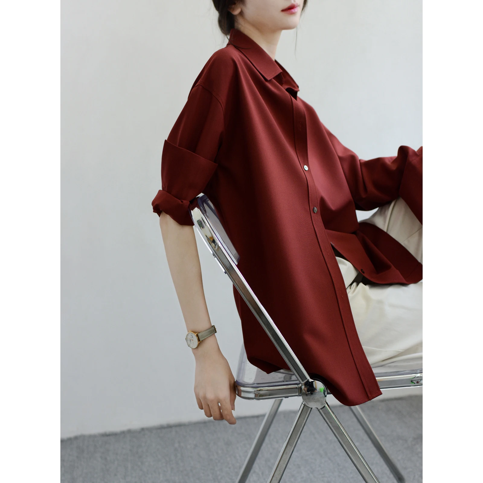 

TRR Женская длинная блузка большого размера, практичная носимая блузка High-Poer, красная, свободная посадка, против морщин, матовая, для поездок на работу, Sle irt