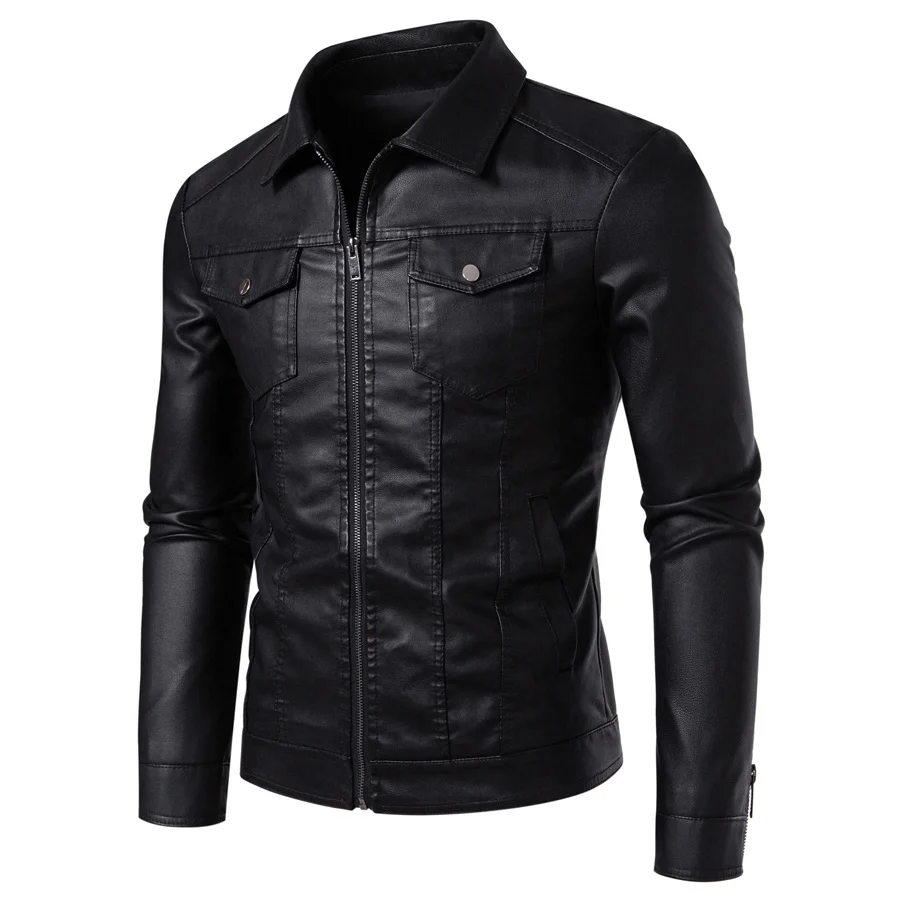 

Men's casual PU leather jacket lapel biker jacket, fashionable slim-fitting men's faux leather shirt-style jacket
