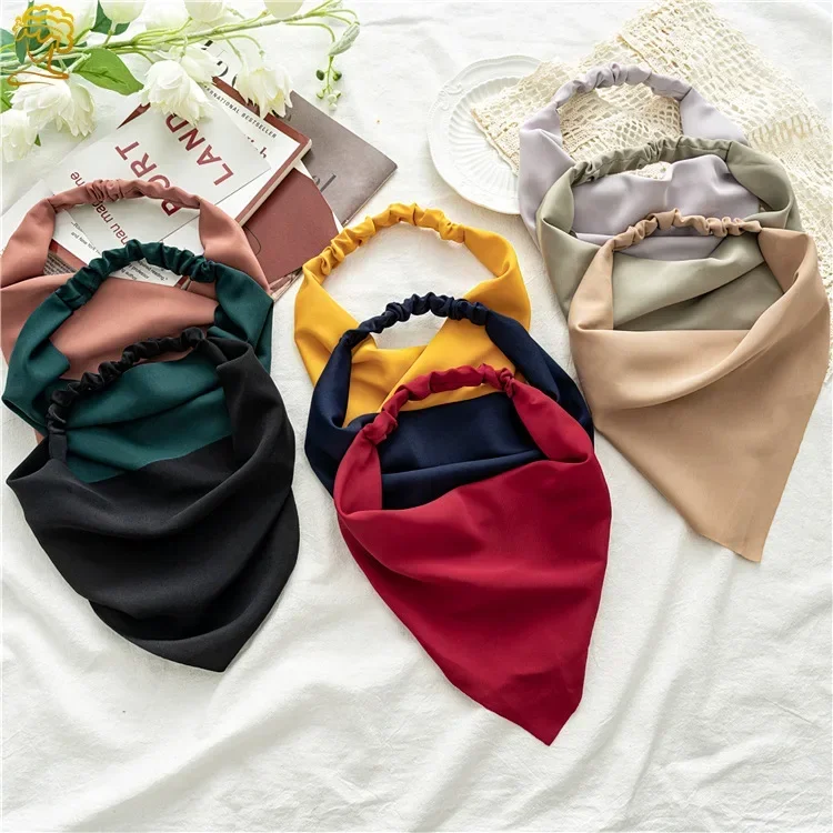 Woman Girls Solid Summer Head Scarf Chiffon Triangle Bandanas Women Elastic Hairband Hair Accessories Headwear Ornaments