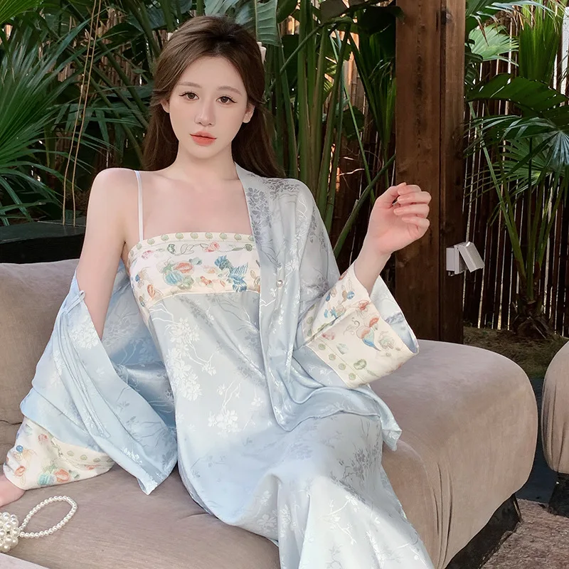 New Chinese style ice silk sleepwear, women's printed camisole cardigan with built-in chest cushion, high-end home wear