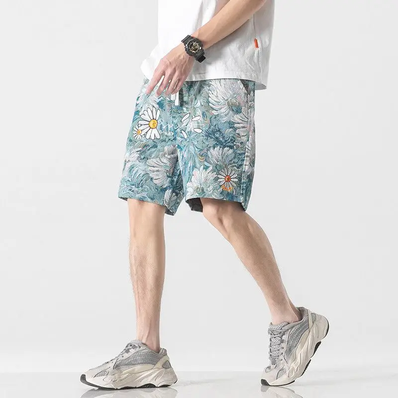 Shorts de praia bordados florais masculinos e femininos, shorts de bermuda casual, calças curtas de verão, 2023