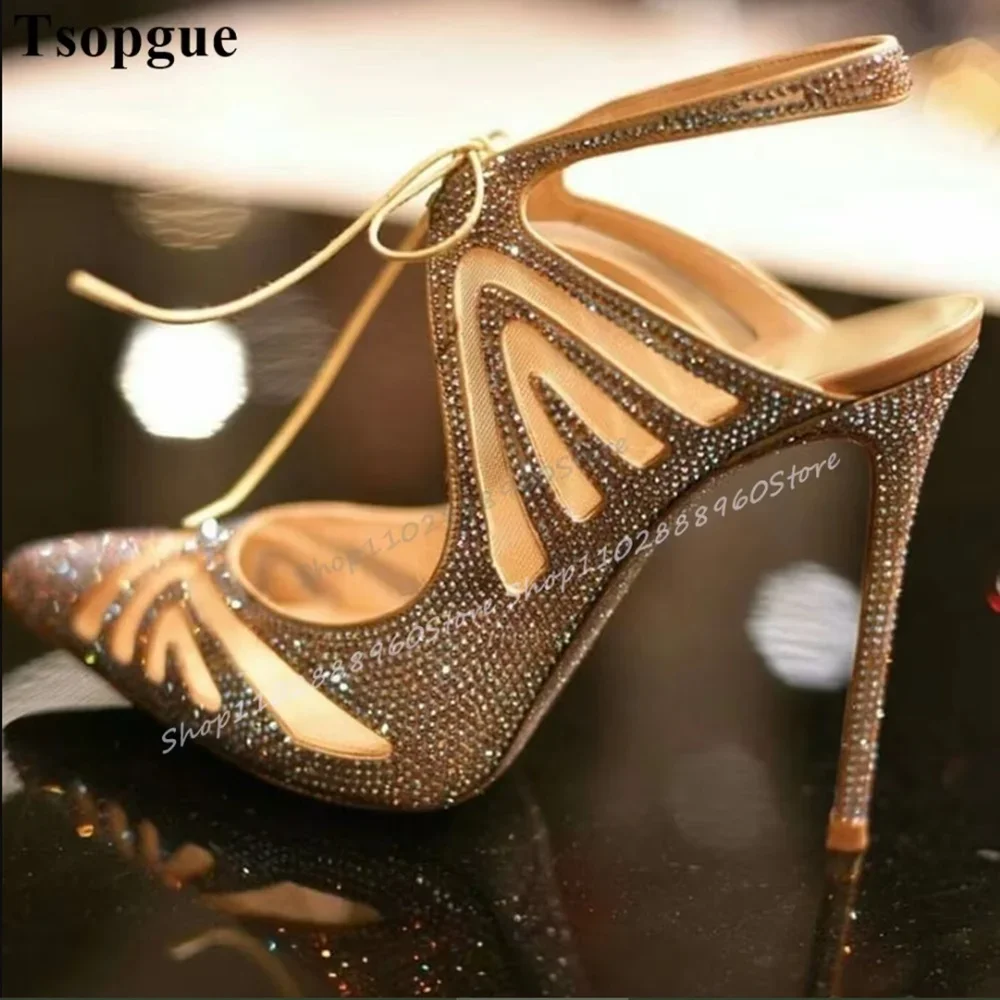 

Champagne Sparkling Crystal Slippers Stilettos High Heel Shoes For Women Slip On Pointed Toe Sparkling Banquet Women Sandals