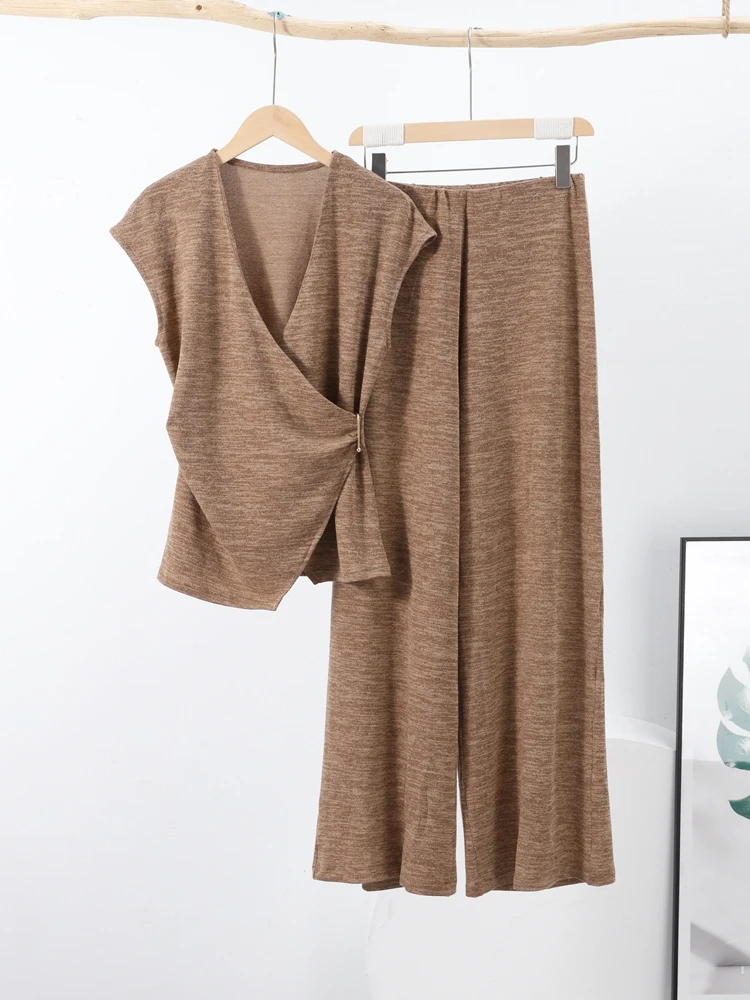 핀 V넥 베스트 팬츠 여성 세트 민소매 탱크탑 와이드 레그 미드 웨이스트 트라우저 2025 여름 가을 출퇴근 오피스룩 수트