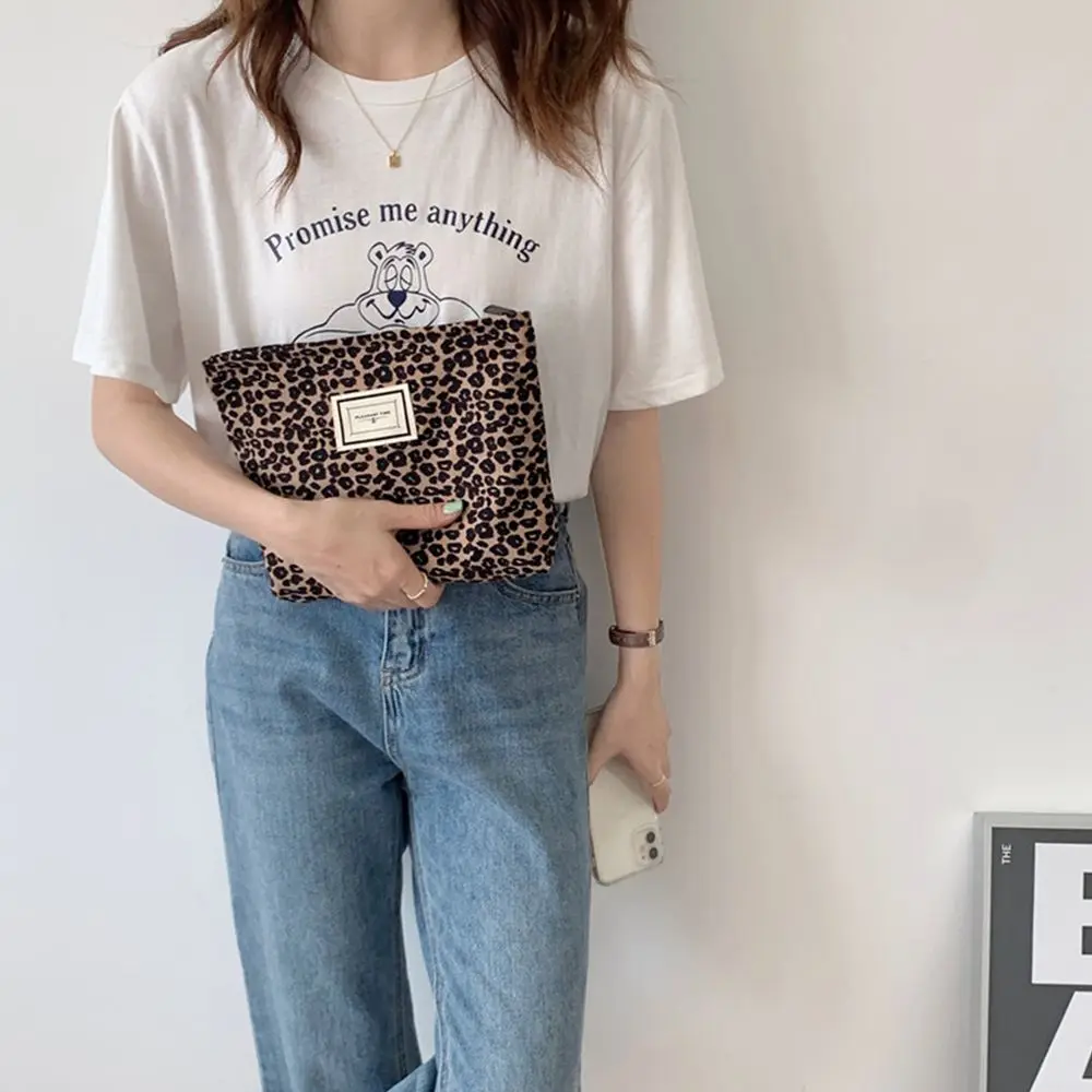 Fashionable Leopard Print Cosmetic Bag Canvas Western Style Make Up Bag Minimalist Storage Bag Travel