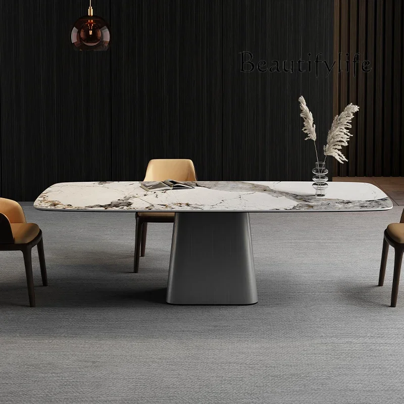 

Italian light luxury rock slab dining table rectangular modern simple small apartment stainless steel rock slab dining table