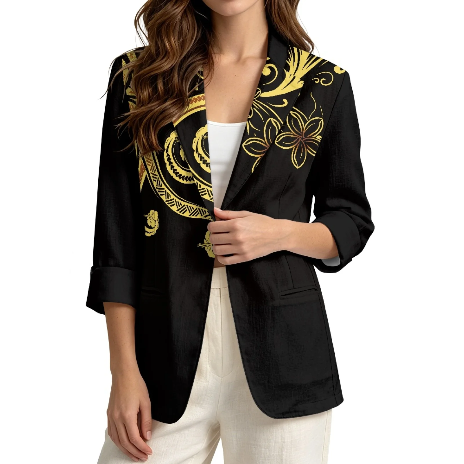 PENSTROLL Gold Floral Theme Linen Like Fall Outwear Tops Casual Open Front Top for Hiking Sizes S-3XL