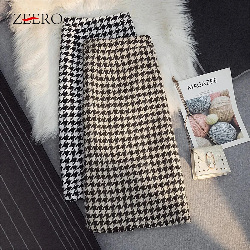 

Autumn Korean Women Houndstooth Skirts High Waist Midi Tweed Pakeage Hip Skirt Casual Pencil Side Split Medieval Skirt