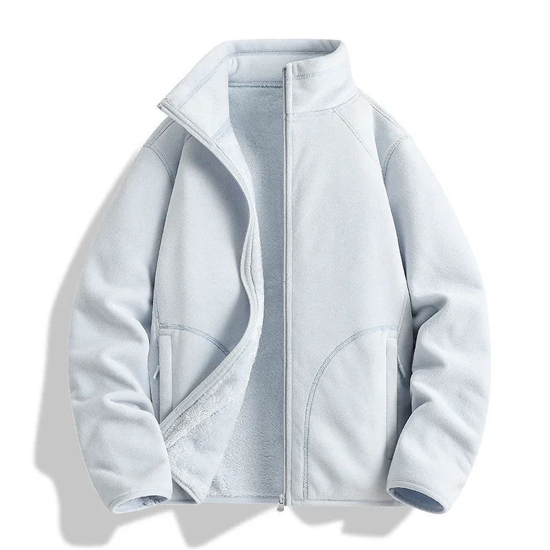 Herbstliche, leichte, beidseitig gefütterte Fleecejacke, Unisex, mit Stehkragen, dick, warm, mit flauschigem Innenfutter, Herren- und Damenmodell, thermische Oberbekleidung. – Detail 7