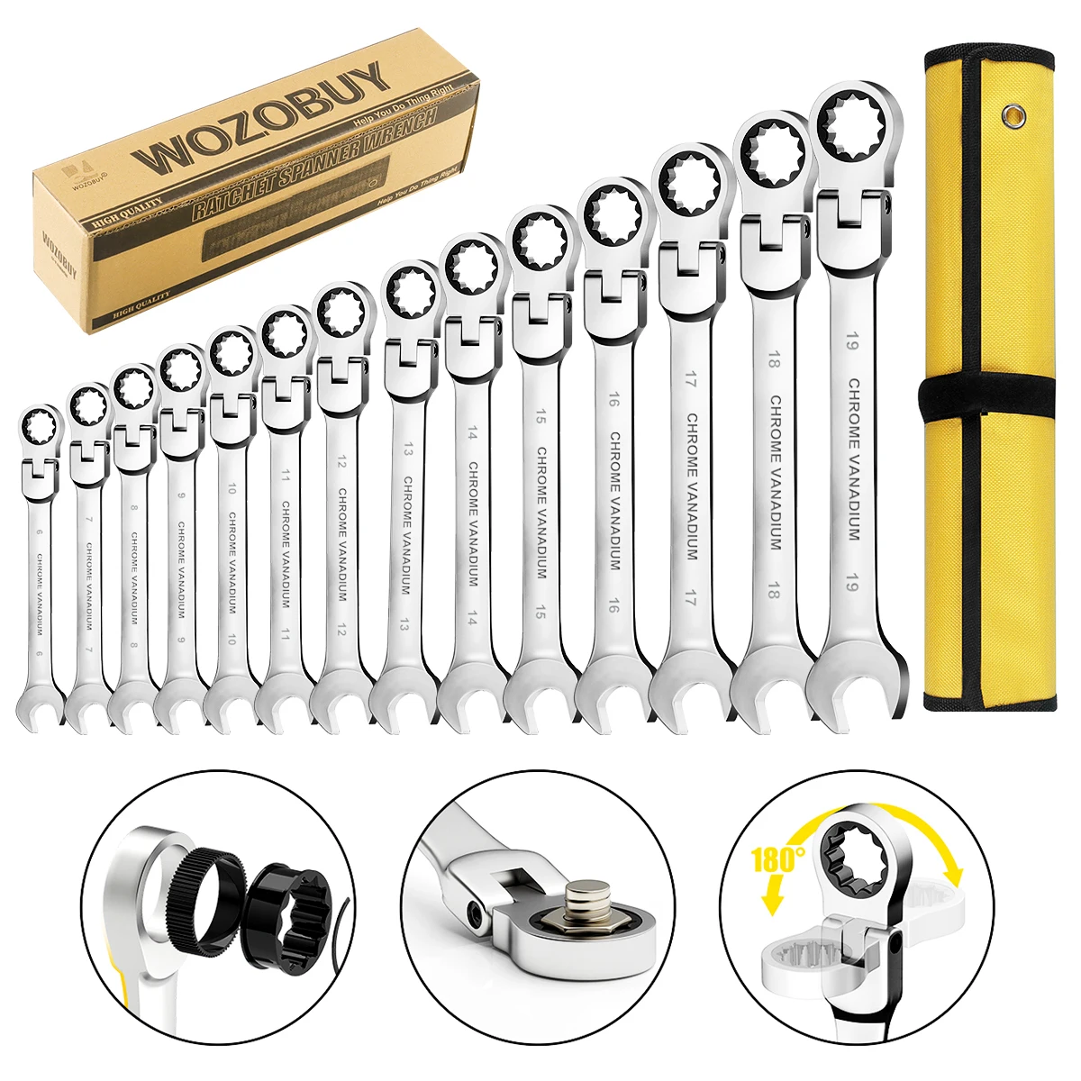 WOZOBUY 14PCS Ratchet Wrench Set,Metric 6-19mm Movable Head Socket Wrench  Gear Ring Torque Key Wrench Set Car Repair Tool