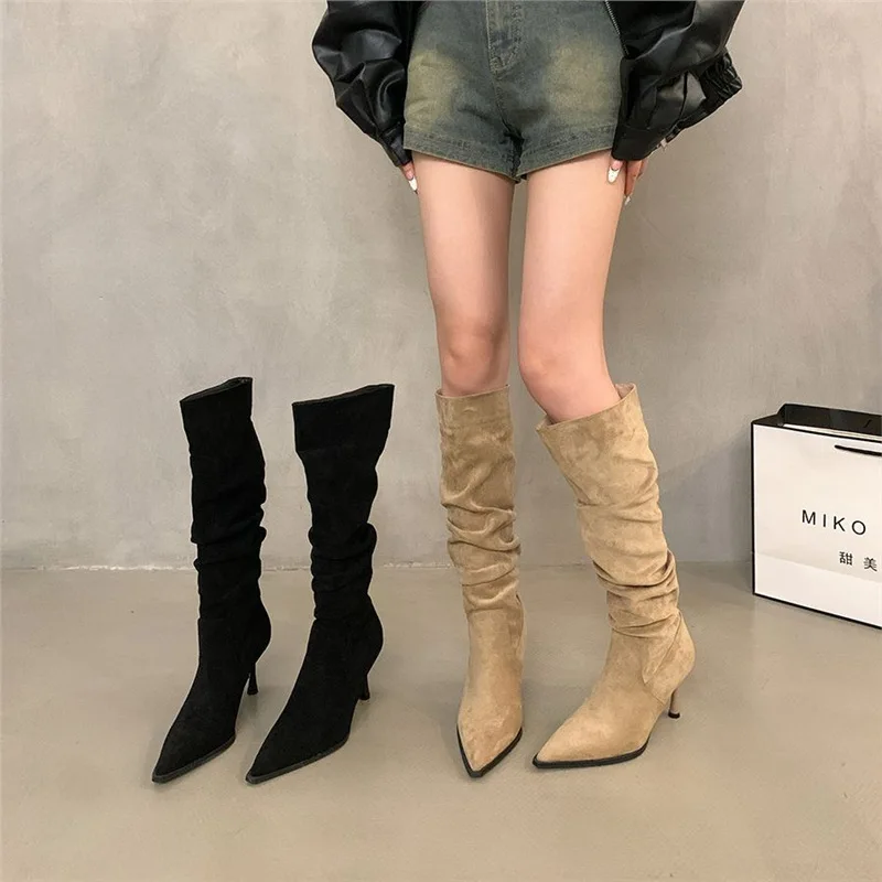 

Women Knee High Boots Autumn Winter Female Shoes Fashion Female Slip-on Folds Low Heel Round Toe Flat Long Boots Botas De Mujer