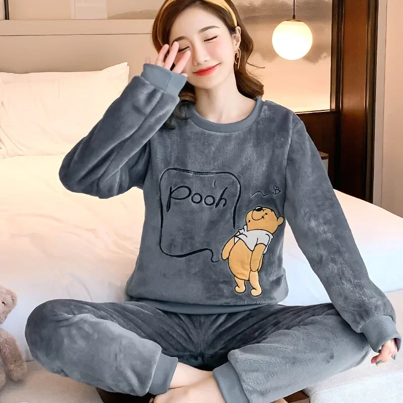 2Pcs/set facecloth ladies student pajamas women\'s round neck thickened warm cartoon bear campus homewear long sleeve long pants