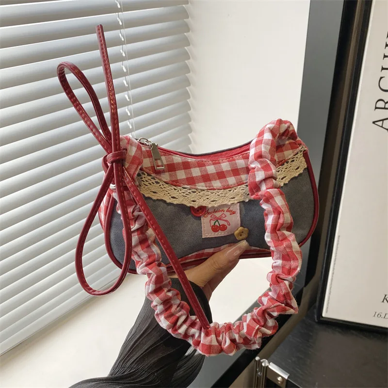 

Casual Unique Plaid Design Women Shoulder Bags Bow Ladies Pleated Adjustable Crossbody Bag Retro Girls Underarm Clutch Purse