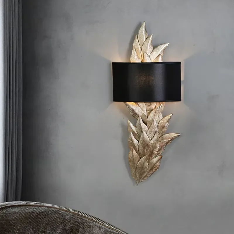 Gold Leaf Wall Sconce Black Fabric Shade Modern Decorative Wall Lamp Bedroom Living Room Home Decor Wall Light