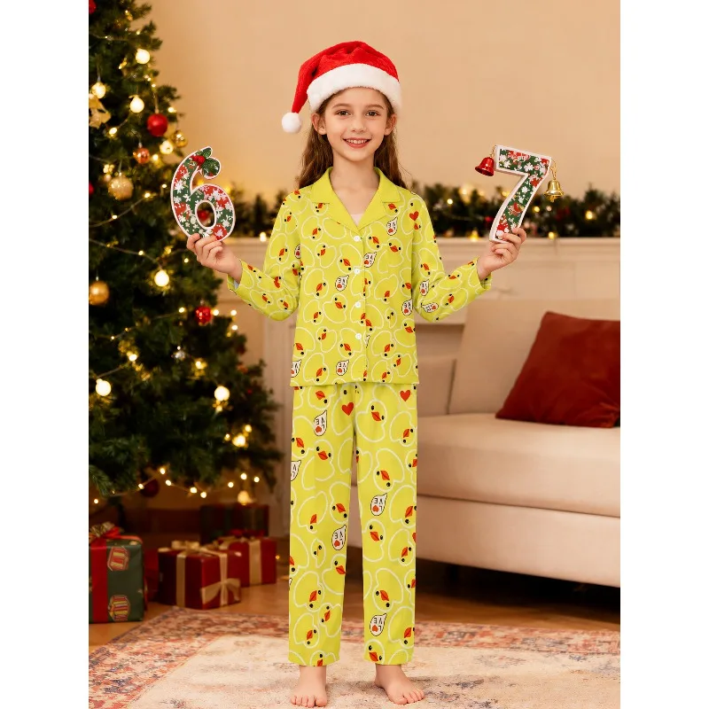 Girls Cartoon Pajama Set Long Sleeve Lapel Nightwear Assorted Bow Bear Duck Capybara Cat Xmas Prints, Perfect Birthday Xmas Gift