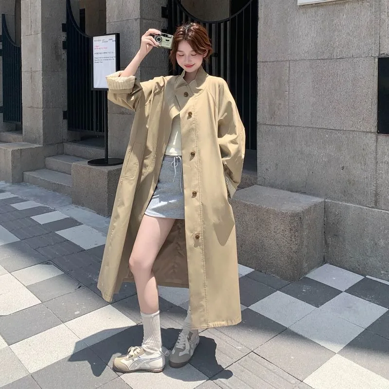 2026 Autumn Female Khaki Stand-up Collar Silhouette Trench Coat Women's High-end British Style Loose Medium and Long Casual Coat