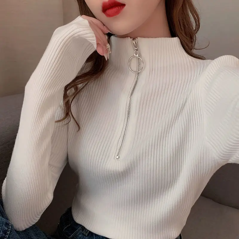 Rimocy Women's Zipper Red Knitted Sweater Autumn Winter Basic Long Sleeve Jumpers Ladies Korean Solid Slim Fit Knitwears Women