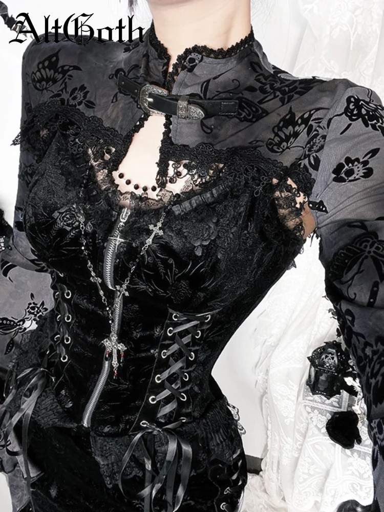 

AltGoth Palace Style Vintage Smock Women Dark Goth Aesthetic Elegant Flocking Florals Crop Blouse Fairycore Cosplay Outfit Femme