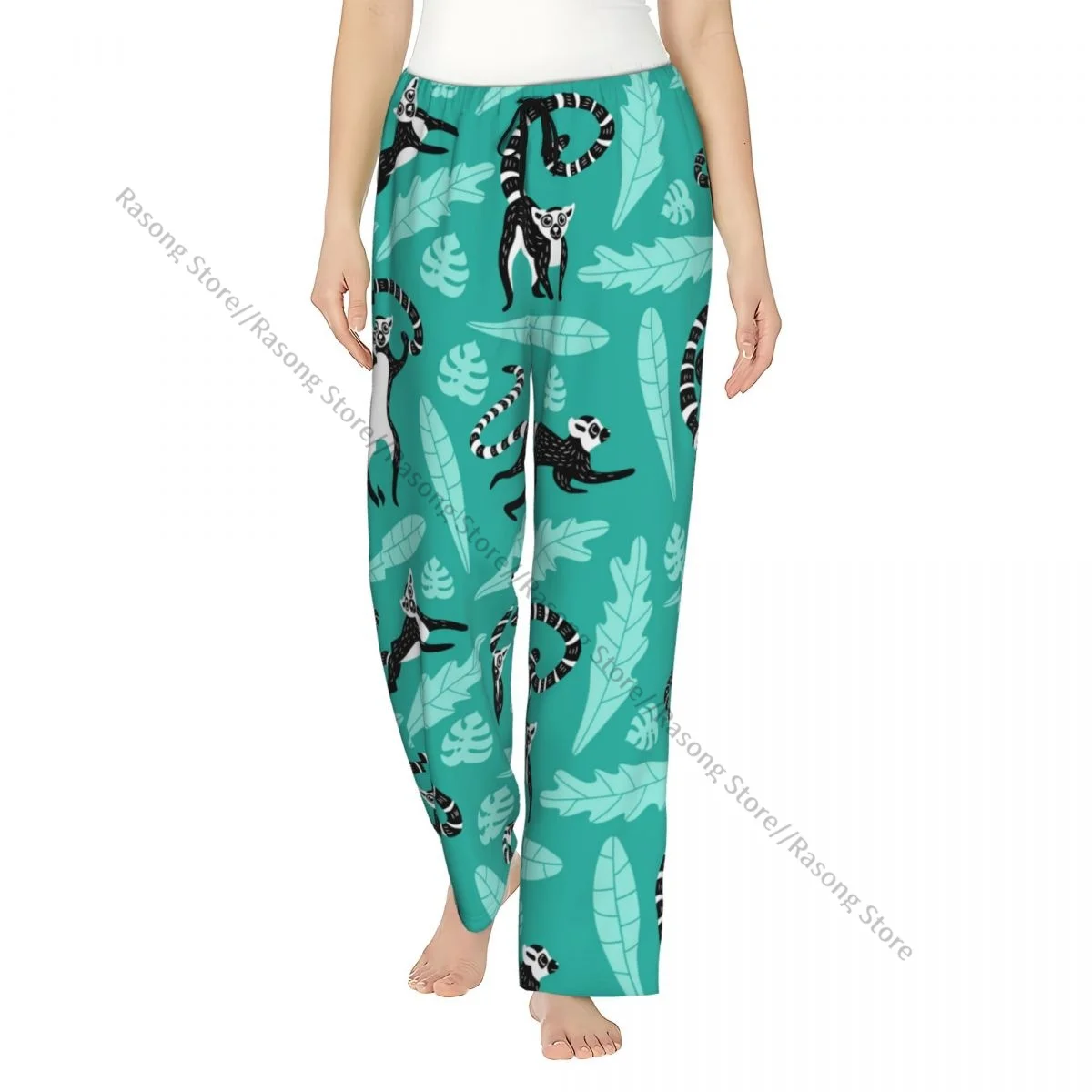 

Cute Lemurs And Leaves Flannel Pajama Pants for Women Soft Warm Sleep Pants with Elastic Waistband