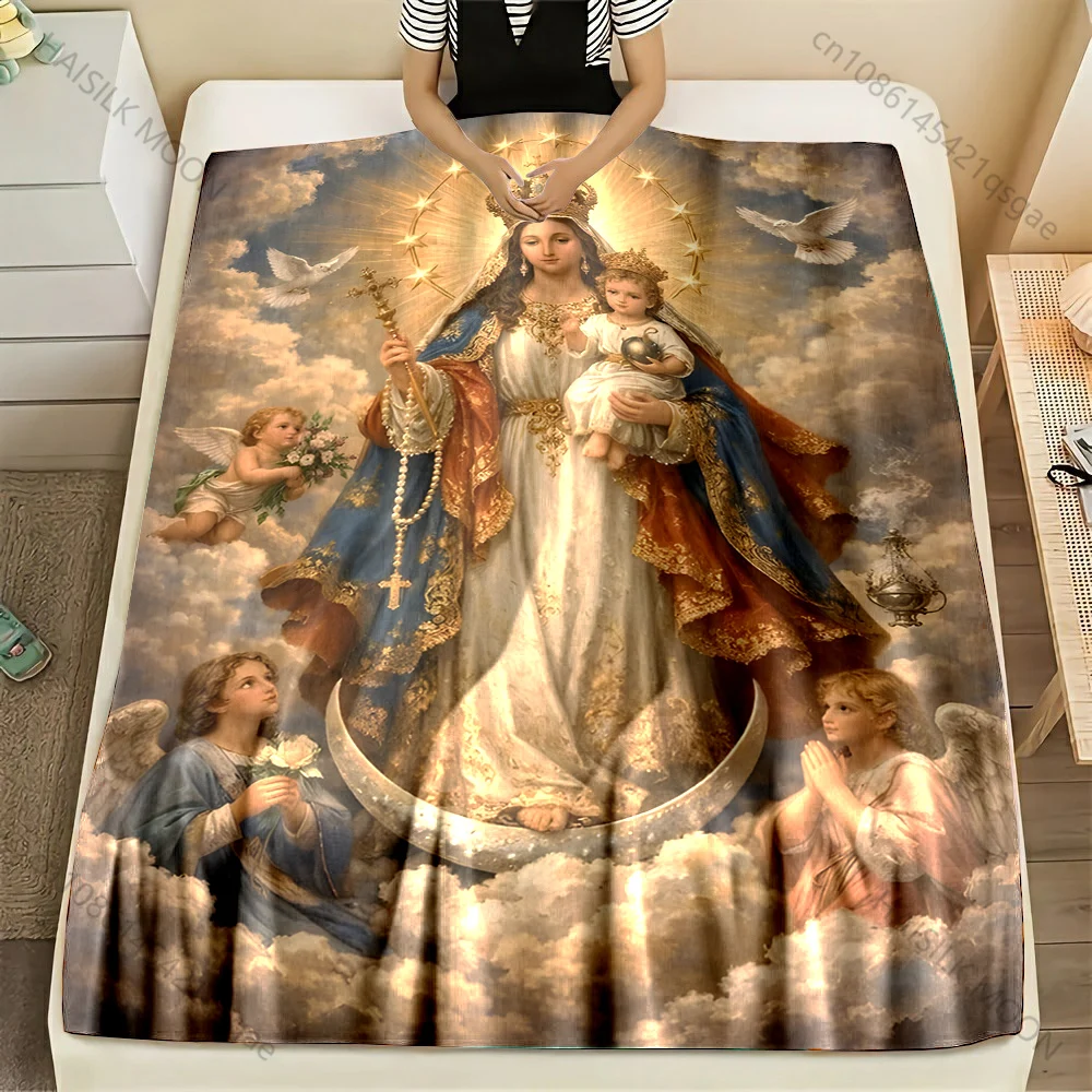 Crown of the Virgin Mary surrounded by angels and golden clouds Print Blanket Warm Soft Fluffy Kids Adult Sofa Bed Throw Blanket