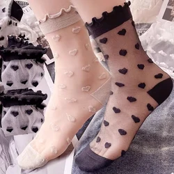 Women Summer Breathable Socks Transparent Lace Sock Sexy Ruffled Love Heart Pattern Sheer Mesh Glass Crystal Silk Mid Tube Sock