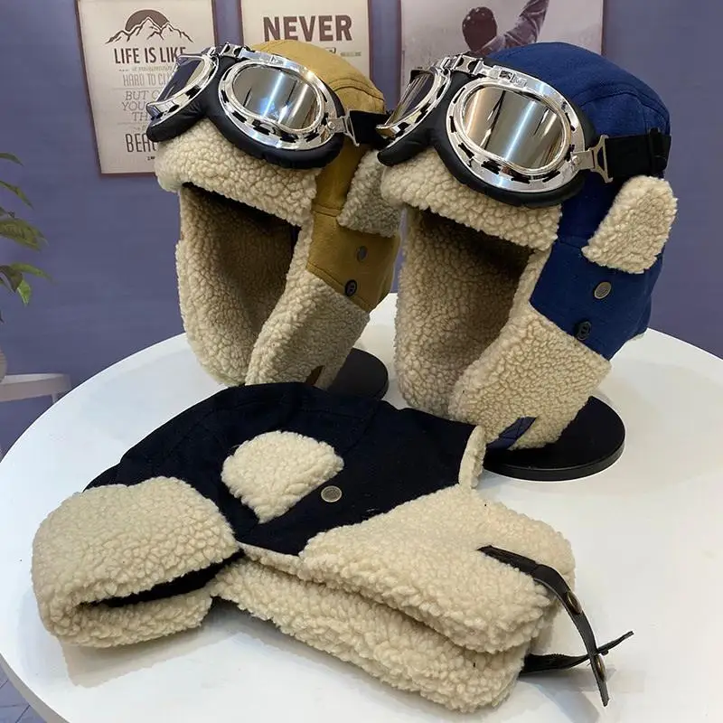 Lei feng chapéu masculino inverno engrossado proteção para os olhos chapéu de lona feminino quente cashmere à prova de vento proteção de ouvido chapéu esqui