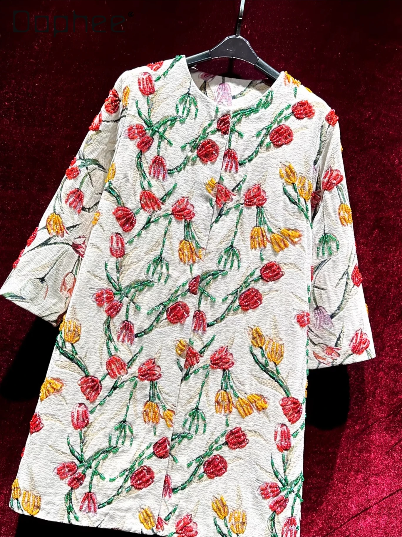 

High-end Jacquard Embroidery Heavy Beading Mid-length Loose Coat for Women Elegant Retro Trench Coat 2025 Autumn Winter New