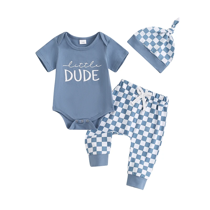 

Baby Boys Summer Outfits Letter Print Crew Neck Short Sleeve Rompers Checkerboard Print Long Pants Hat 3Pcs Clothes Set