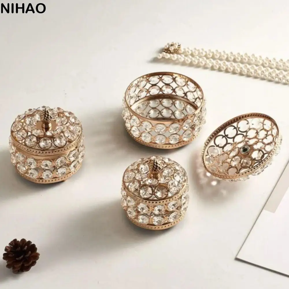 

Portable Luxury Crystal Jewelry Box Sparkling Round Necklace Ring Display Case Decorative Case Glass Mirrored Keepsake Box Desk