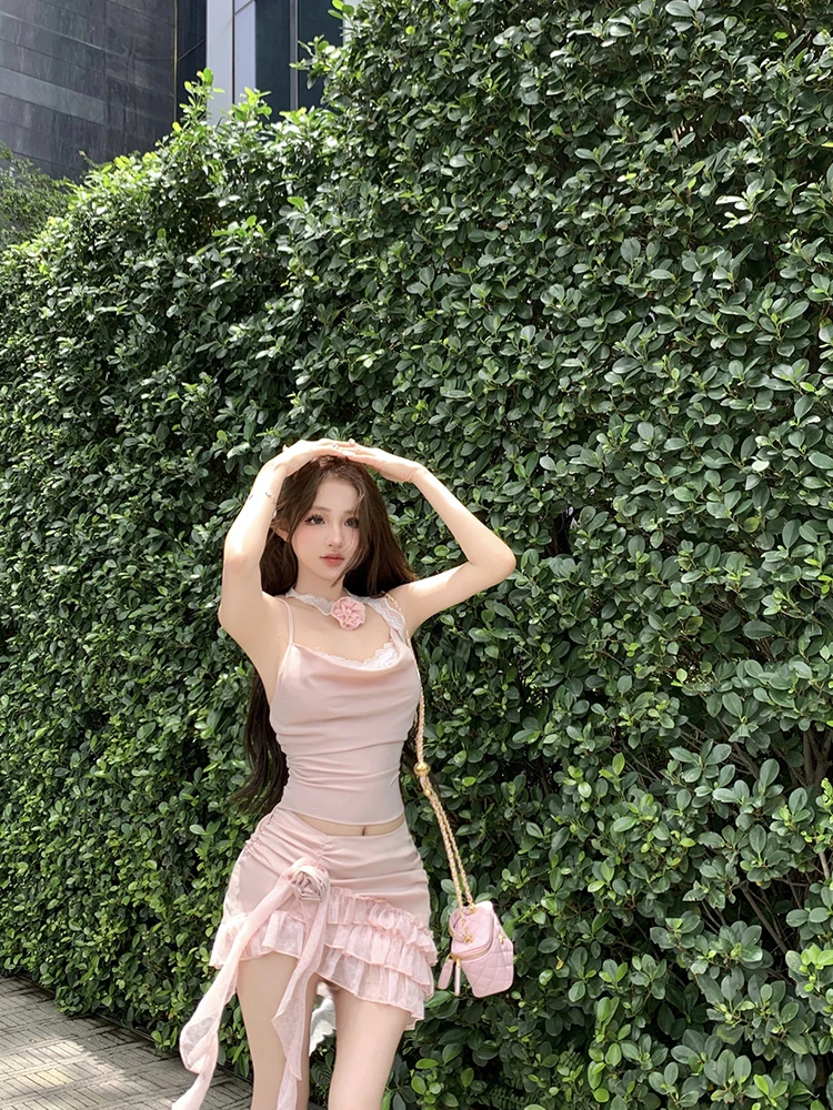 

Sweet And Spicy Lace ter Top High Waist Skirt Set Summer Design Faionable ort Sle Four Piece Set for Women