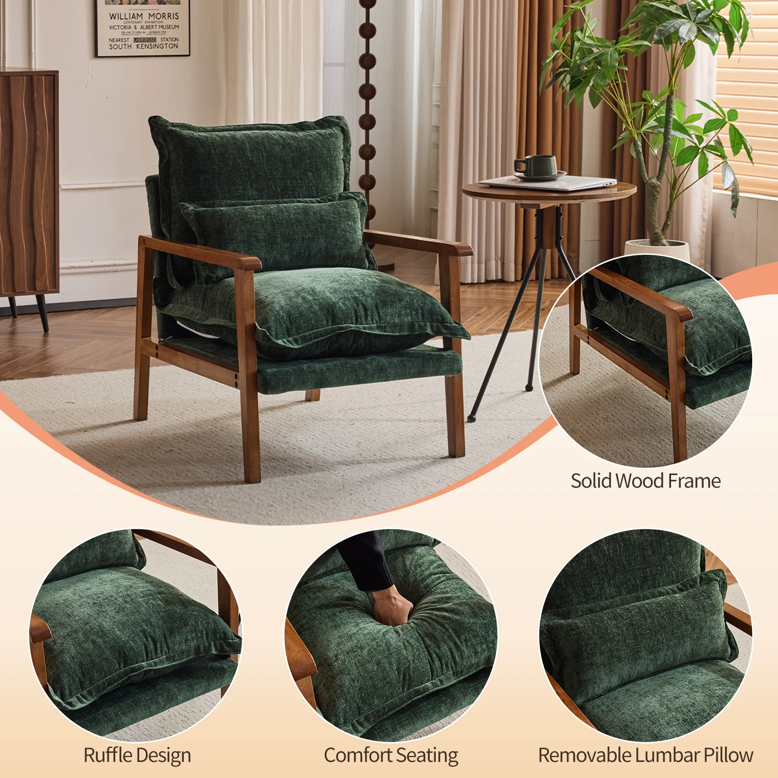 Cloud Shaped Indoor Leisure Chair with Solid Wood Armrest & Solid Wood Frame, Chenille Fabric Accent Chair with Lumbar Pillow, Single Sofa Chair Dark Green