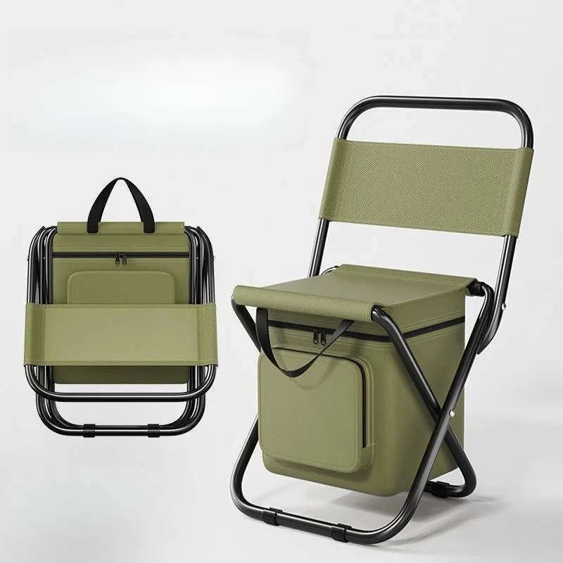 Folding Camping Chair With Cooler Bag 3‑in‑1 Portable Outdoor Fishing Stool Oxford Fabric Insulated Ice Bag Backrest Chair For P