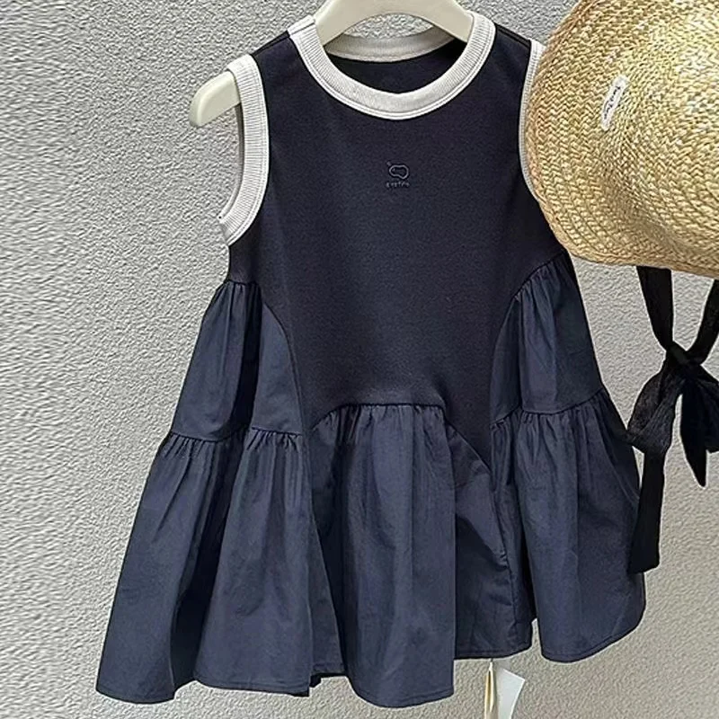 

South Korea Children's 2024 New Girls' Dress Summer Casual Splicing T-shirt Skirt Children's Color Contrast Sundress 90-130cm