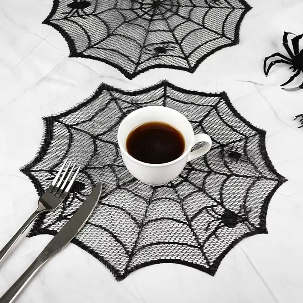 30cm Spider Web Placemats Polyester Heat Insulation Spider Web Table Mat Hollow Out Halloween Placemats Dinner Table Decoration