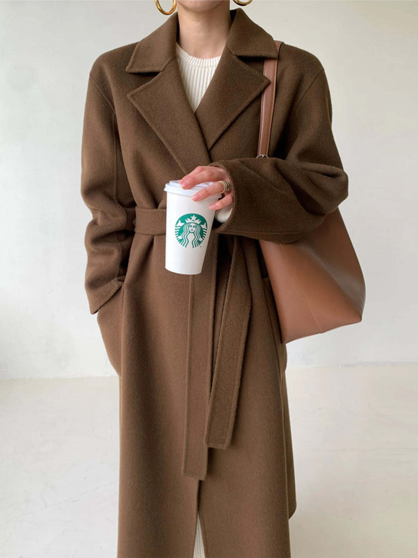 

Ele Woolen Coat Women's Belted Tuxedo Collar Vintage Mid-Length Outerwear Korean Sle Long Sve Regular Fit