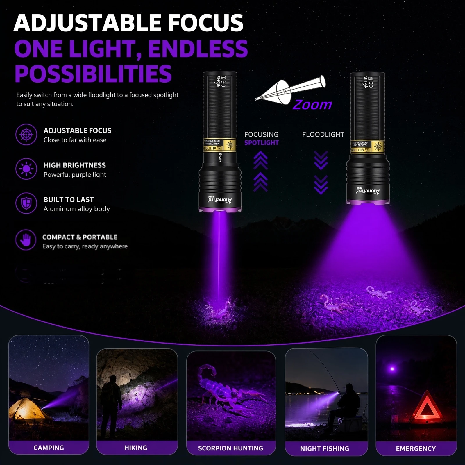 Alonefire Zoom 365nm/395nm Mini UV Led Light Flashlight Pet Cat Dog Urine Tinea Ore Money Jade Scorpion Detection Lamp Torch view 3