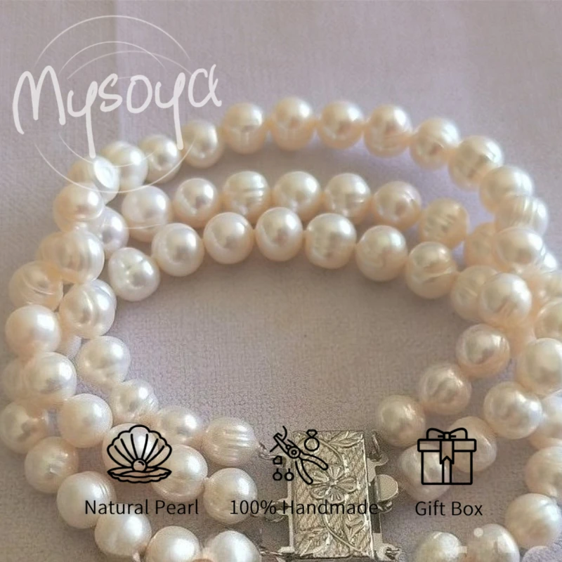 

MYSOYA трехслойный браслет из белого пресноводного жемчуга 6-7 мм с подарочной коробкой для нее/им, идеально подходит для дня рождения, свадьбы, Дня святого Валентина