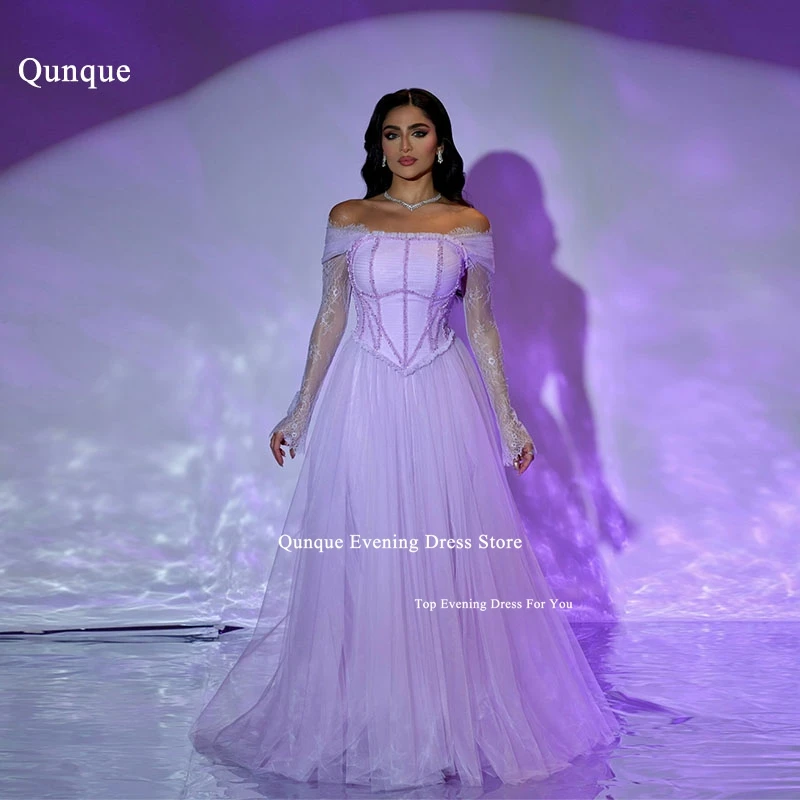 

Qunque Lilac Tulle Prom Dress Off The Shoulder Beaded Lace Party Dresses Strapless Elegant Dresses For Special Event Customized