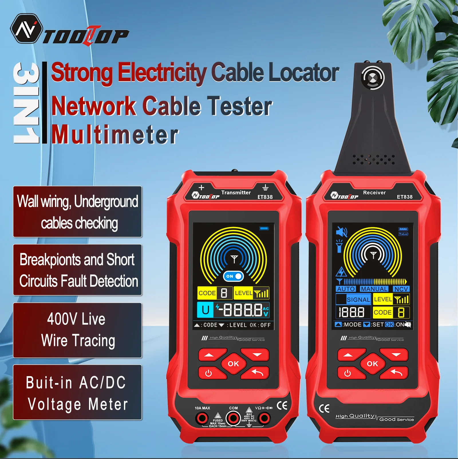 TOOLTOP 400V Underground Cable Wall Wiring Locator Network Cable Tester NCV Digital Multimeter LAN Tester Short Circuit Locator