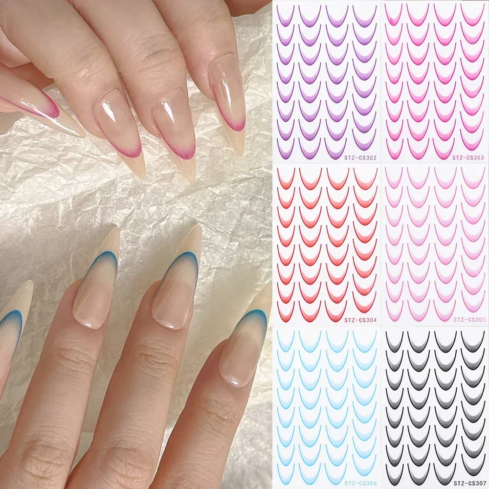 French Nail Art Stickers Set Ins Gradient Color Line Design French Nail Stickers Self-Adhesive Purple Pink Blue 3D Manicure Tool