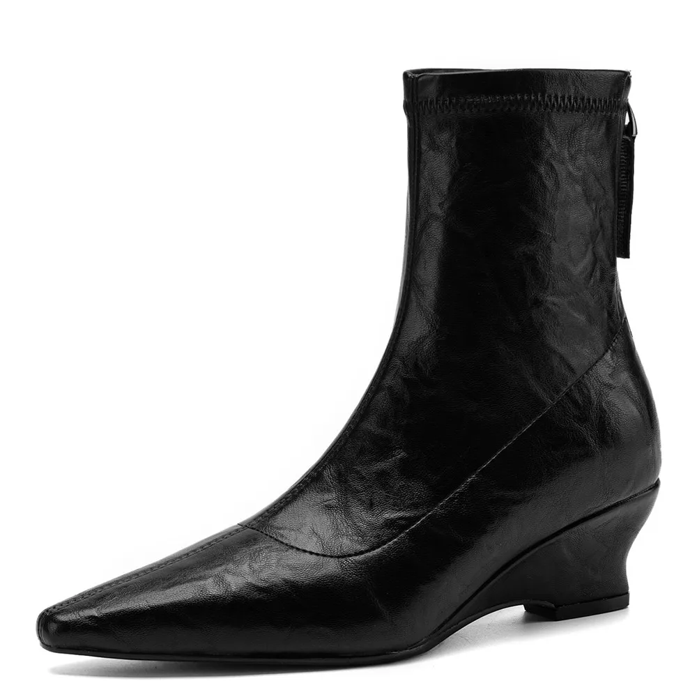 Women Vintage Pointed Toe Wedge Ankle Booties Black Wrinkle Leather Slim Stretch Back Zipper Daily Dress Short Boots