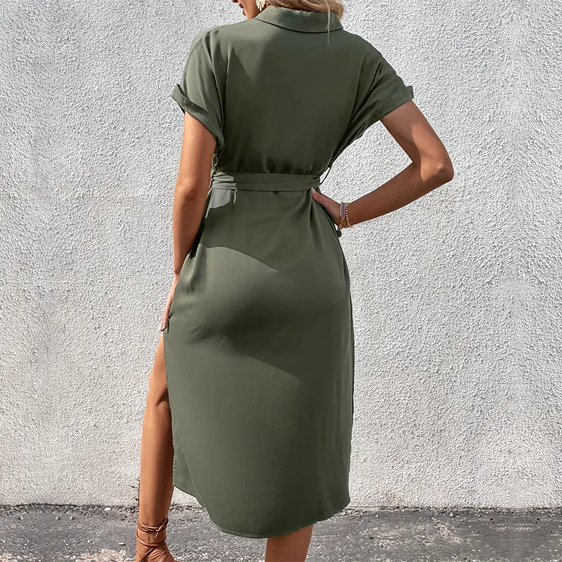 2025 Summer Shirt Skirt Lapel with Solid Commuter Style Dress