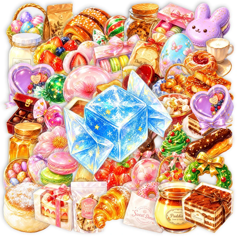 10/30/50pcs Watercolor Healing Style Dessert Stickers Cartoon Cake Bread Decals Water Bottle Notebook Phone Transparent Sticker