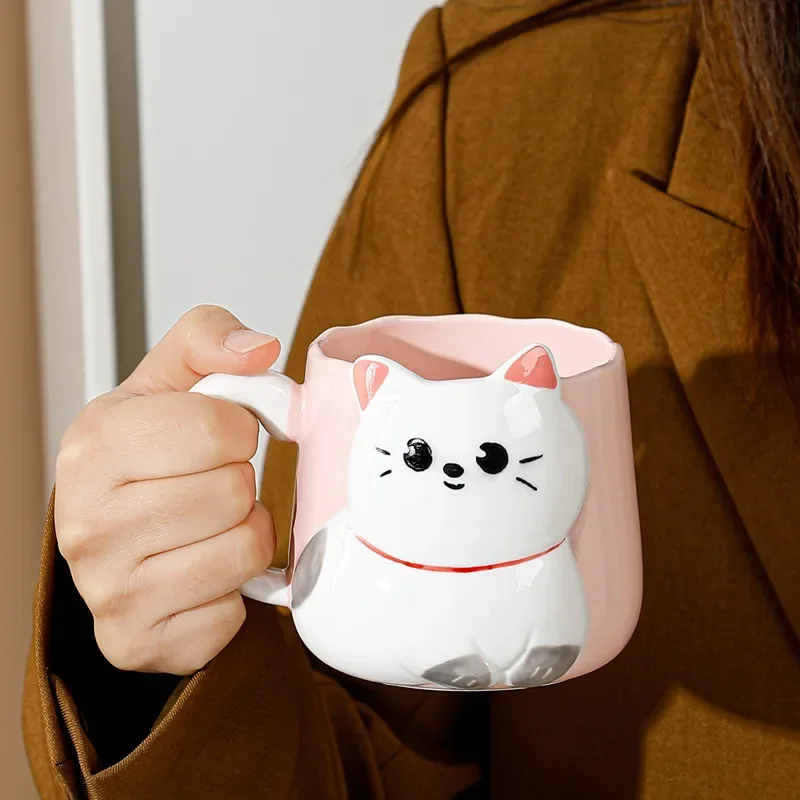 Cartoon 3D Embossed Ceramic Cup Cute Cat Coffee Milk Tea Breakfast Handle Cup Tableware Novelty Gift Home 450ml Mug