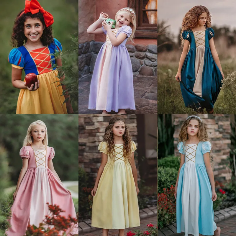 26 Spring Summer New Cartoon Children Kid Girl Princess Dress Puff Sleeves Lace-Up A-Line Skirt Party Cosplay Costume 4-14 Year