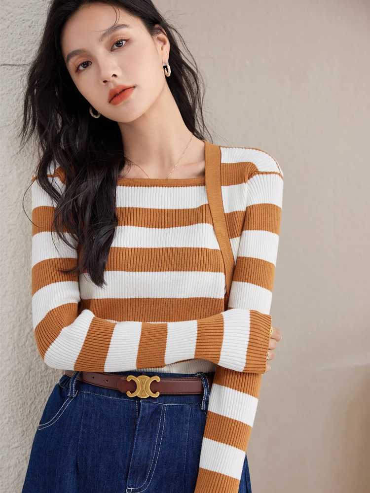 Striped Knitted Sweaters Women Clothes 2024 Autumn Winter Pullovers Slim Tops Korean Long Sleeve Square Neck Sweater