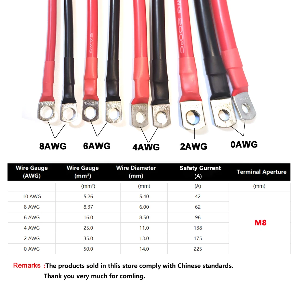 Soft Car Battery Connection Cable 8/6/4/2/0AWG Silicone wire with M8 Tinned Copper Lugs For Solar Inverter,Battery,Car ,UPS .Set