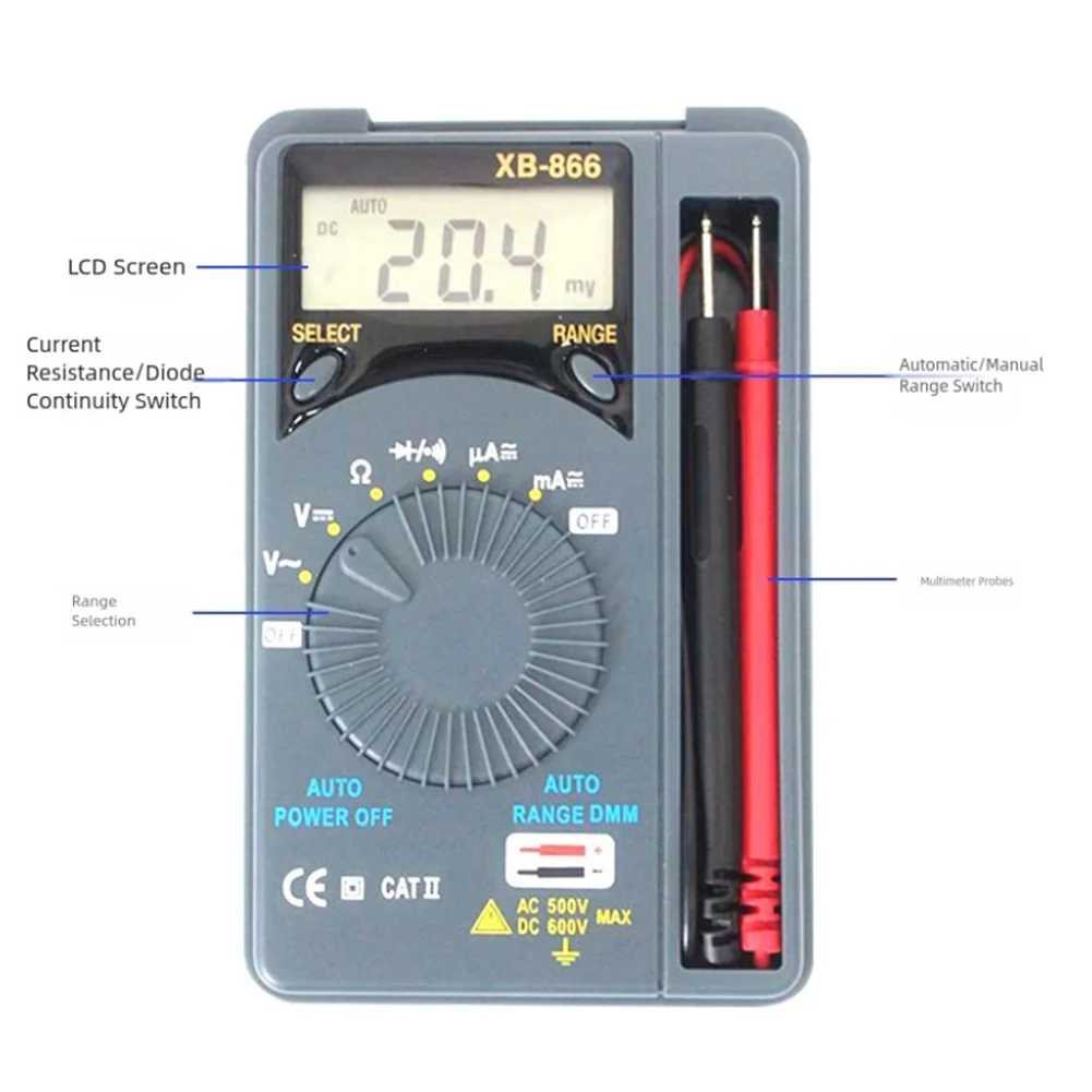 XB866 Portable Digital Multimeter with LCD AutoRange Feature and Polarity Indicator for Precise Voltage and Current Testing