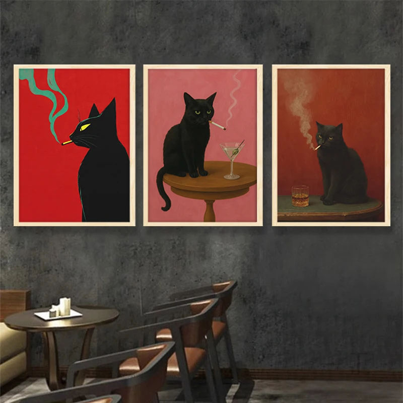 Vintage Black Cat Smoking Cigarette Poster Funny Retro Cool Cat Wall Art Quirky Animal Canvas Painting Bar Home Room Wall Decor